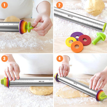 Mepple Stainless Steel Rolling Pin with Thickness Rings for Fondant, Pizza, Cookie, Pastry, Pie,Roller Rod for Dough Thickness,Rolling Pin for Baking, 13.6" with 4 Thickness Rings and Wooden Stand