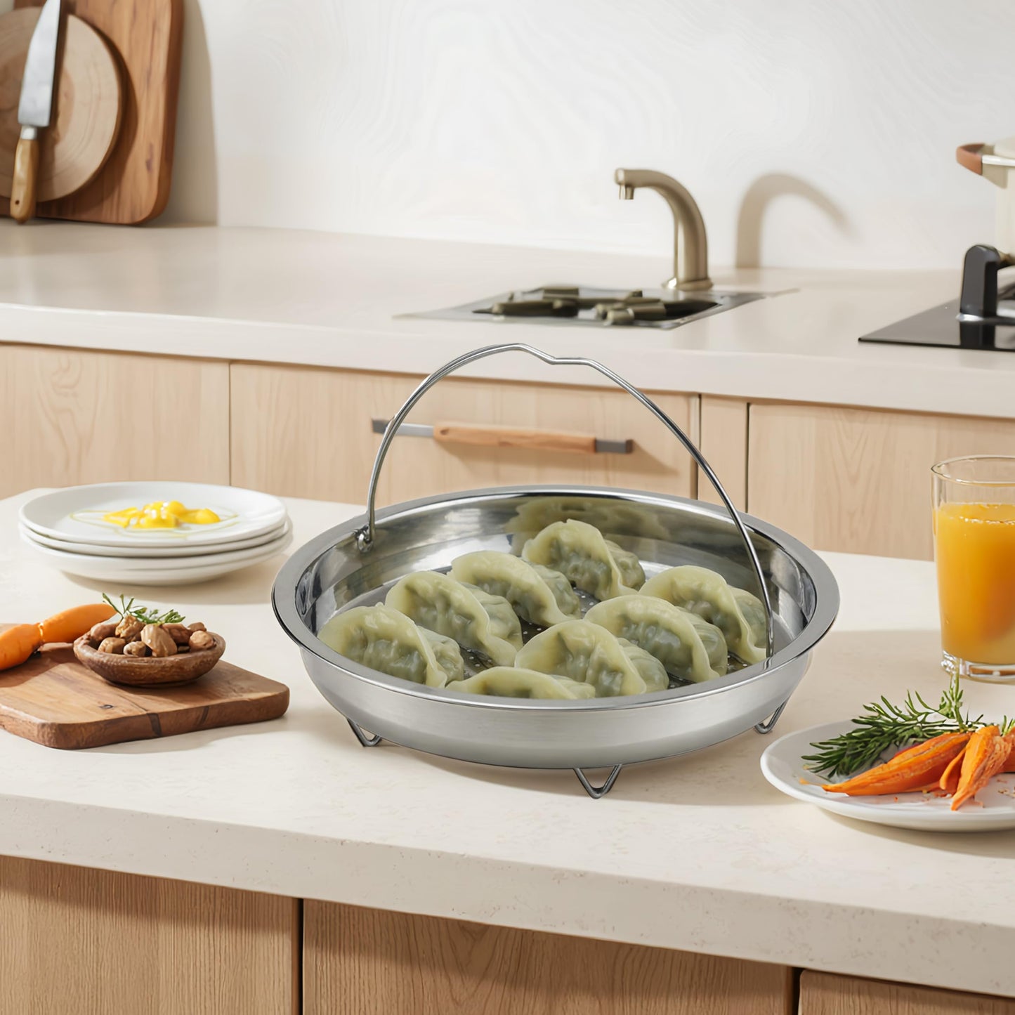 EIKS Stainless Steel Mesh Steamer Basket with Easy Lift Handle for Steaming Vegetables Dumplings Seafood Eggs (8.0" Diameter)