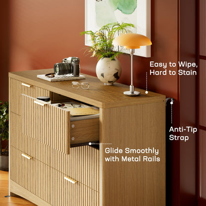 Marsail 6 Drawer Wooden Dresser with Smooth-Glide Drawers, Modern Storage Solution for Bedrooms, Living Rooms, and Hallways, Featuring Large Capacity and an Elegant Natural Wood Finish, Natural Oak