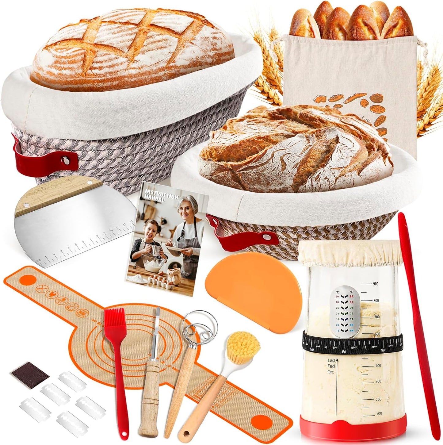 9" 10" 37oz Sourdough Starter Kit with Round & Oval Banneton Proofing Basket and Starter Jar - Beginner-Friendly