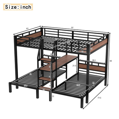 Bellemave Queen Over Twin Over Twin Bunk Bed with Stairs and Storage Shelf, Heavy Duty Triple Bunk Beds with Safety Guardrails, Metal Triple Bunk Bed Frame for 3 Kids, Teens, Black