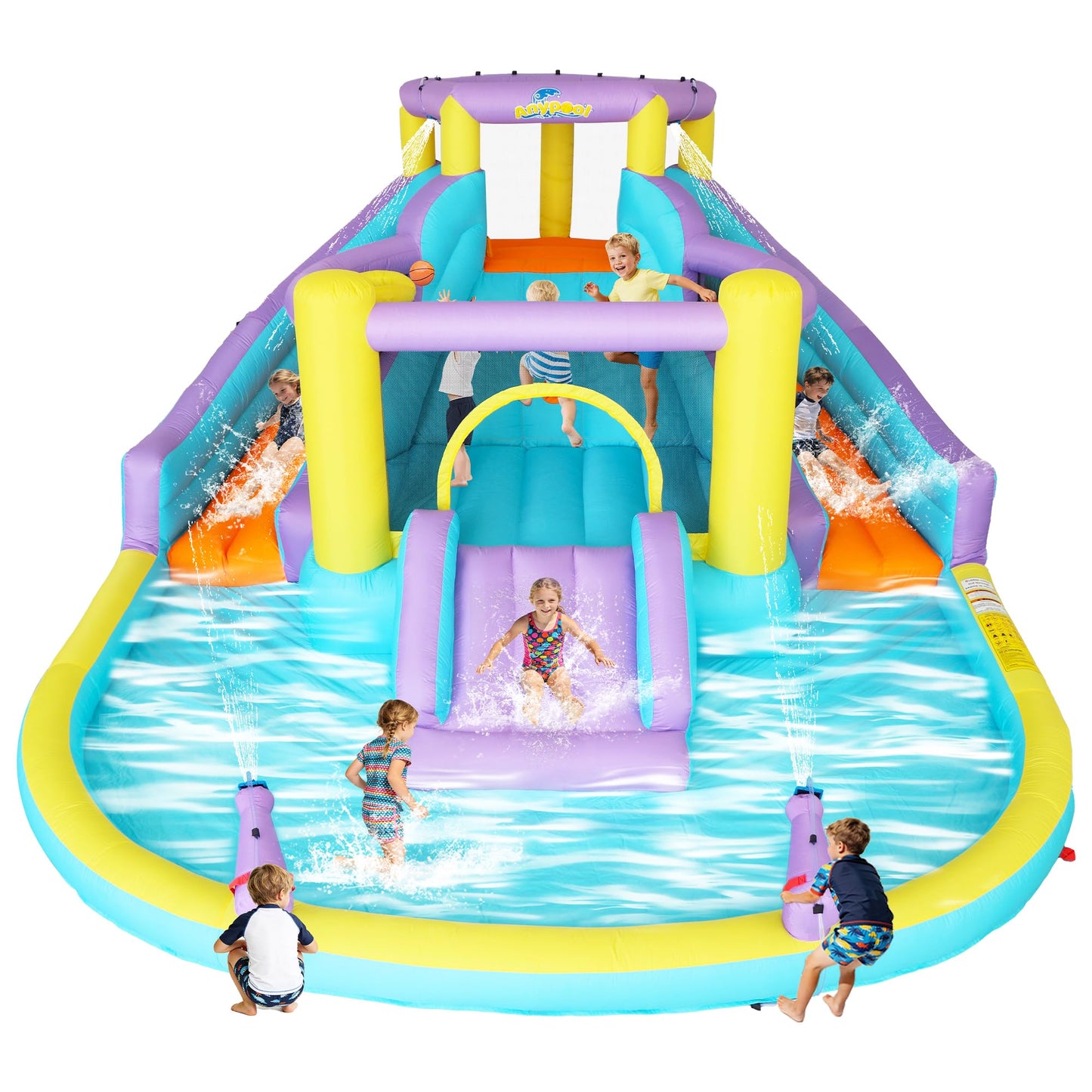 7-in-1 Inflatable Water Slide Bounce House with 3 Slides, Splash Pool, Climbing Wall, Water Gun & Basketball – for Kids Aged 3-10, 520W Blower, 168 x 150 x 78 Inches, Outdoor Backyard Fun