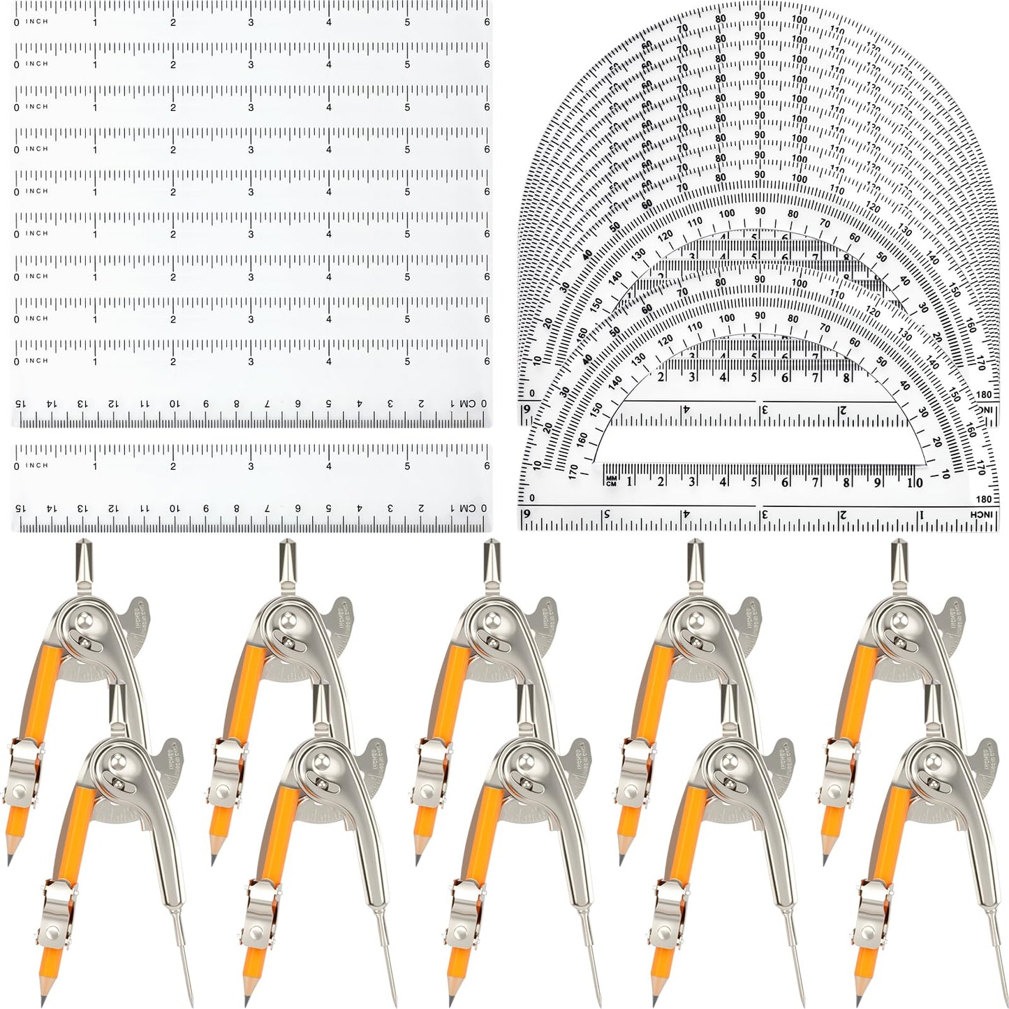 40 Pieces Geometry Math Set Compass for Geometry Math Compass and Protractor Set Include Metal Compass with Pencil Plastic Ruler and Protractor for Student School Office Woodworking Drawing Tools