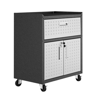 Manhattan Comfort Fortress Textured Metal 31.5" Garage Mobile Cabinet with 1 Full Extension Drawer and 2 Adjustable Shelves, Black/Gray