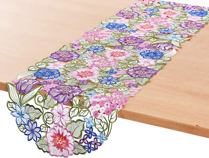 Flowery Table Runner 13"×54", Cutwork Embroidered Floral Dresser Scarf for Home Kitchen Dining