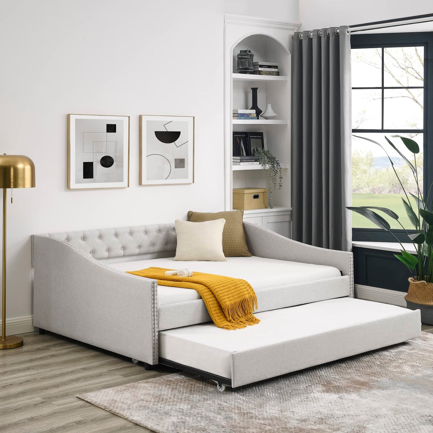 Favfurish Full Size Daybed with Twin Size Trundle, Upholstered Tufted Sofa Bed, with Nailhead Trim,with Button on Back,for Bedroom,Livingroom,Small Space,Beige (80.5''x55.5''x27.5'')