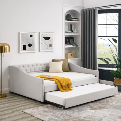 Favfurish Full Size Daybed with Twin Size Trundle, Upholstered Tufted Sofa Bed, with Nailhead Trim,with Button on Back,for Bedroom,Livingroom,Small Space,Beige (80.5''x55.5''x27.5'')