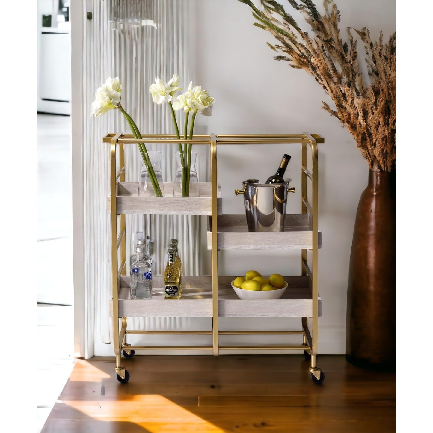 roomfitters Vorrik Gold and White Washed Serving Cart, Glamorous 3-Tier Hollywood Regency Rolling Trolley, 3 Adjustable White Washed Wood Trays