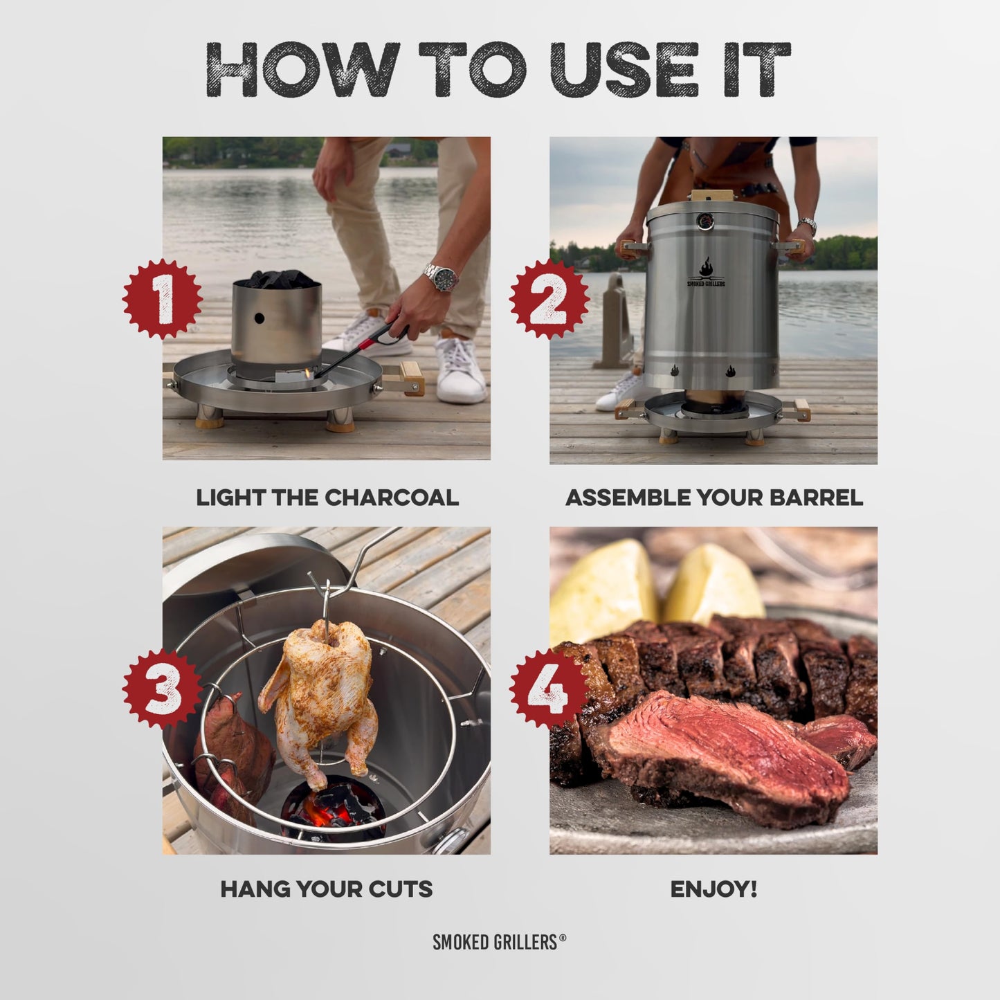 Smoked Grillers Barrel Smoker Grill Combo | 100% 304 Stainless Steel Barrel | 95% Less Smoke, Even Heat | Easy to Use & Clean – Vertical Smoker Ideal for Balconies and Backyards (MEDIUM-25 LBS)