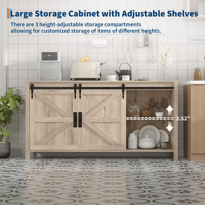 IDEALHOUSE 60" Farmhouse Sideboard Buffet with Storage Drawer & Sliding Barn Doors | Rustic Wood Coffee Bar Cabinet | Multi-Functional for Dining Room Kitchen, As TV Stand & Console Table