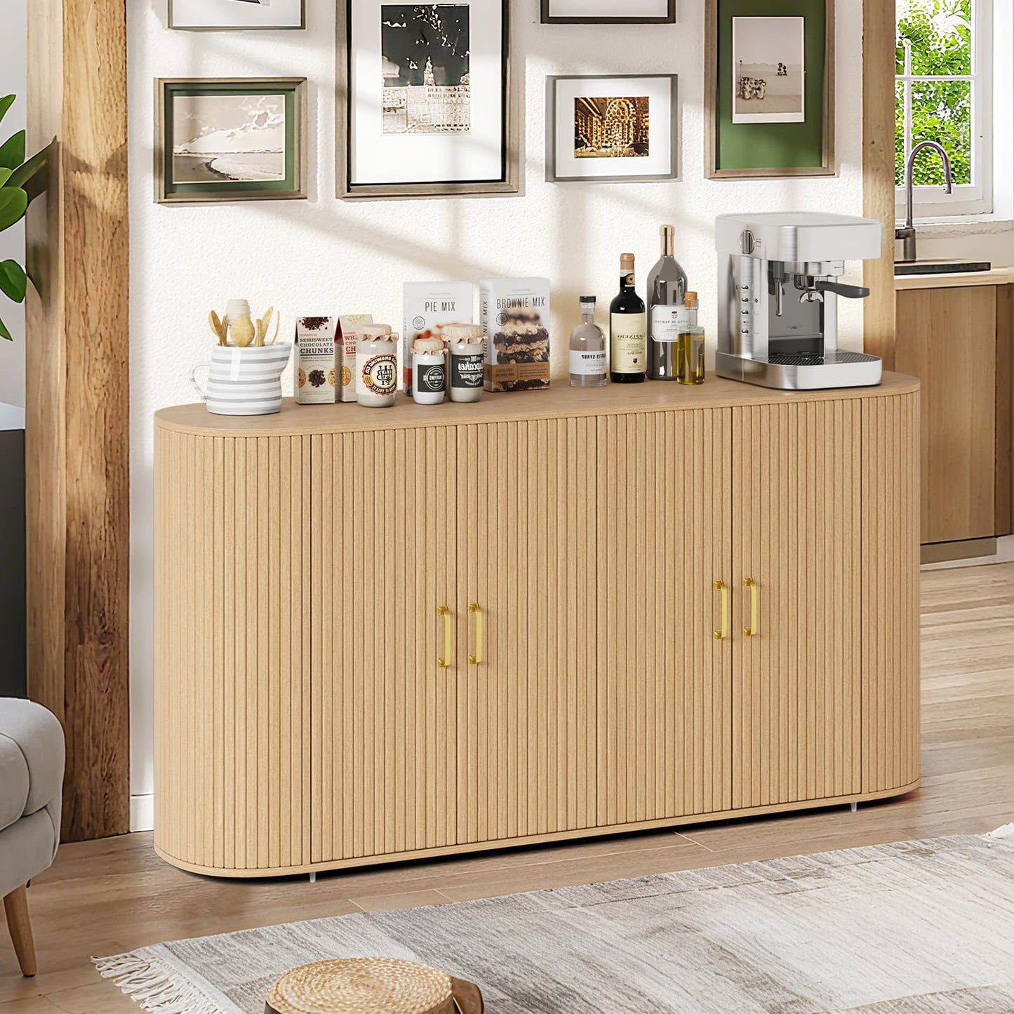 GarveeHome 63" Sideboard Buffet Cabinet with Storage, Modern Fluted Accent Credenza with Adjustable Shelves, Wood Coffee Bar with Curvy Edge, Console Table for Living Room Kitchen Dining Room Hallway