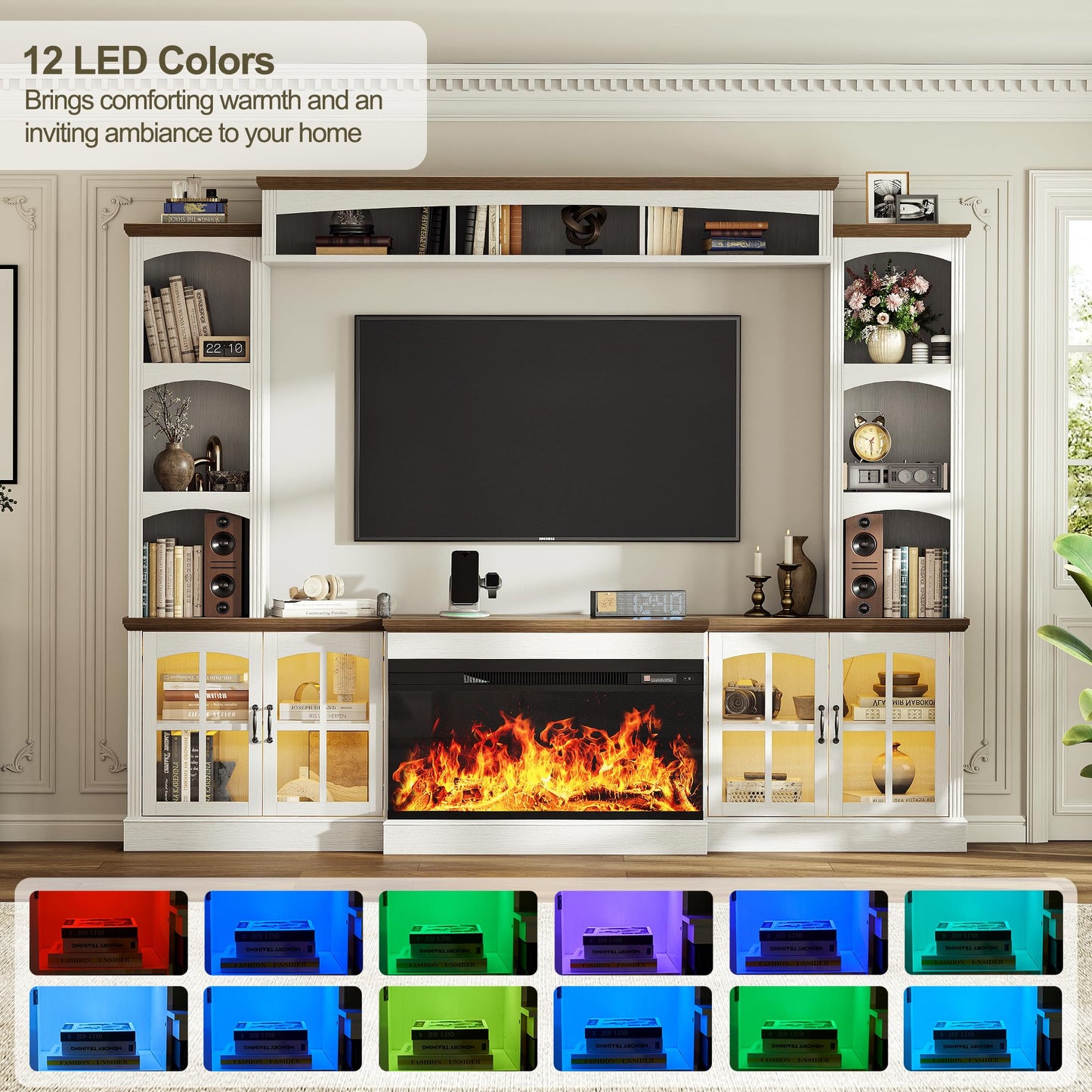 OneBlis 98" Farmhouse TV Stand with 36" Electric Fireplace, Bookshelves, Fits 75" TVs, Entertainment Center with Storage Cabinet, Large Wall Unit Media Console for Living Room, White