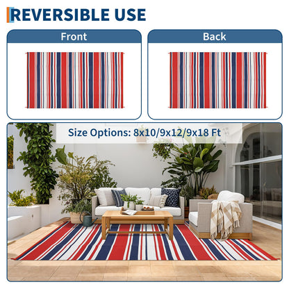 LUXLOOM Outdoor Plastic Straw Rug 9x18 Large Washable Floor Mat Modern Lines Waterproof Rug for Patio Reversible Rugs for Outdoors RV Beach Patio Camping Backyard Deck Picnic Outside Red Navy