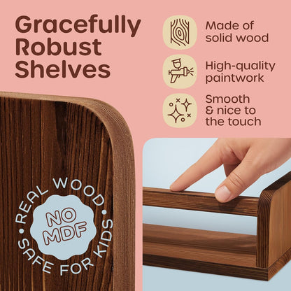 4 2 HOMEY PANDA Wall-Mounted Nursery Bookshelves - Long + Mini Shelves, Kids Room Storage (Walnut Pine Wood)