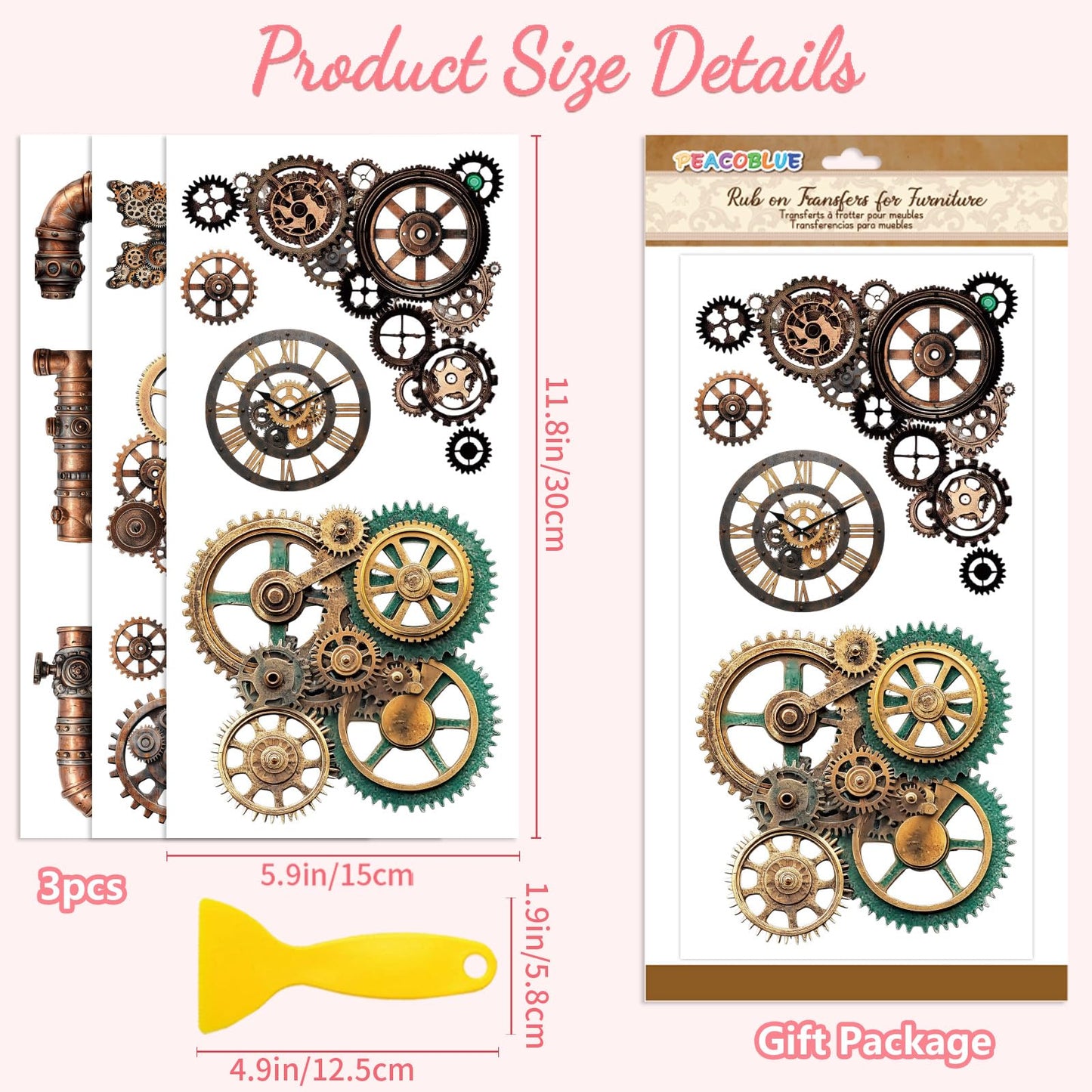 Peacoblue Rub on Transfer Decal Sticker for Furniture Craft Decor 6"x12" Steampunk Gears, 3Pcs Waterproof UV DTF Transfer for Drawer Dresser Glass Porcelain Wood Plastic