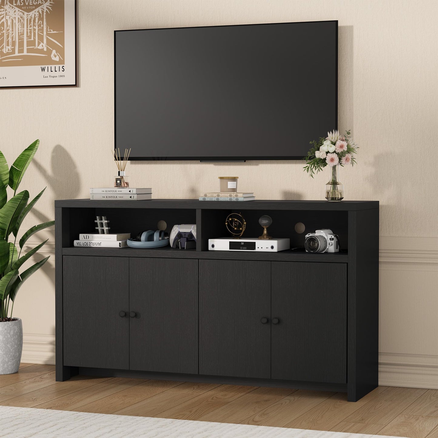 IDEALHOUSE Buffet Sideboard Cabinet with Storage, 55" Large Farmhouse Kitchen Storage Cabinet with 4 Doors & Adjustable Shelves, Wood Coffee Bar Cabinet for Kitchen, Dining Room, Living Room