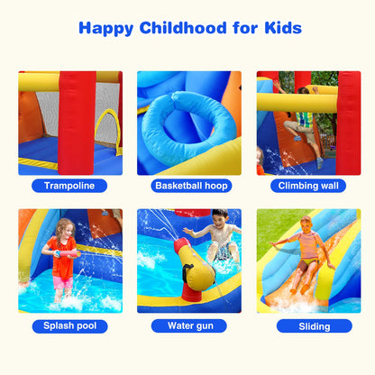 JOYLDIAS Inflatable Water Slide Bounce House,Slide Bouncer Castle Playhouse w/Splash Pool,Jump Area, Climbing Wall,Basketball Hoop,450W Air Blower for Kids Backyard Indoor Outdoor Use,Free Water Gun