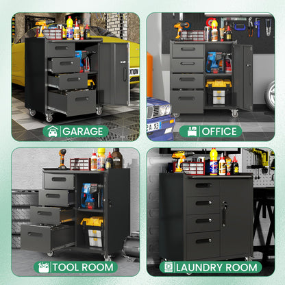 VIYET Garage Cabinets,Metal Garage Storage Cabinet with Wheels,Black Lockable Rolling Tool Cabinet with Drawer and Adjustable Shelves,Heavy Duty Tool Chest for Home Office Utility Room