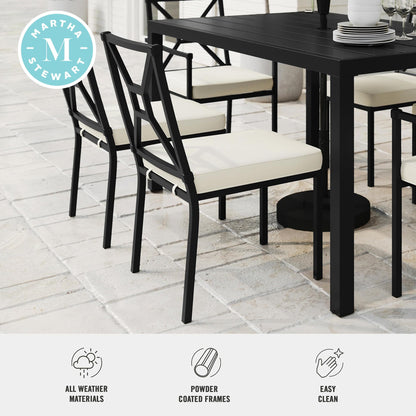 Martha Stewart Lily Pond All-Weather Stackable Patio Chairs with Elevated Backrest Design and Steel Frames in Black with Cream Cushions, Set of 2