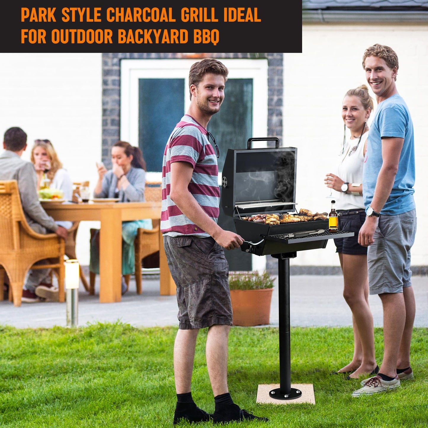 Stanbroil Park Style Charcoal Grill with Cover, Portable Park BBQ Grill Heavy Duty Porcelain Steel Cooking Grate, Folding Front Table, Stand Post for Backyard, RV Cooking, Camping, Tailgating