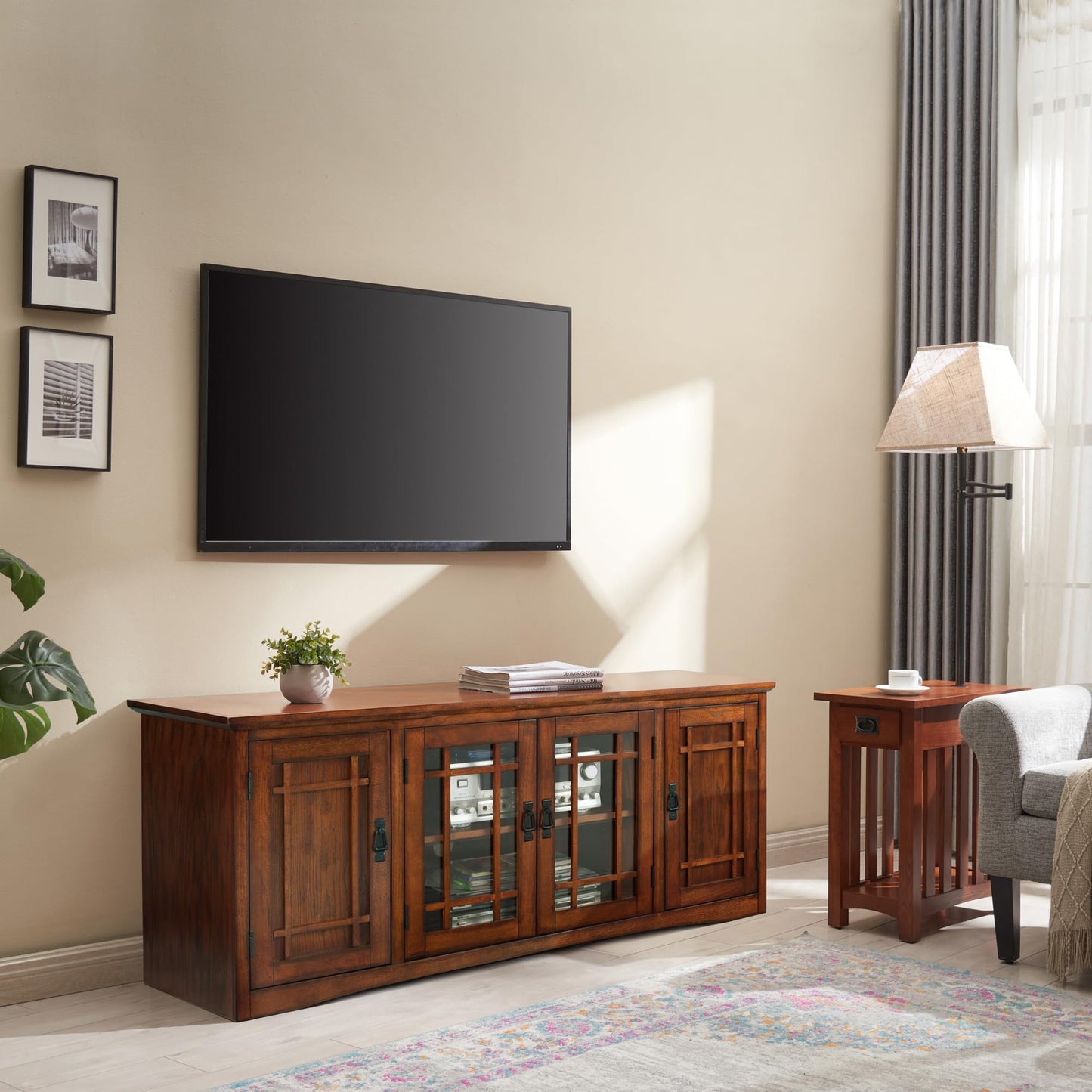 Leick Home 82360 Solid Wood Mission Oak Four Door TV Stand For 65" TVs Universal TV Console Living Room Storage Shelves Entertainment Center, Mission Oak