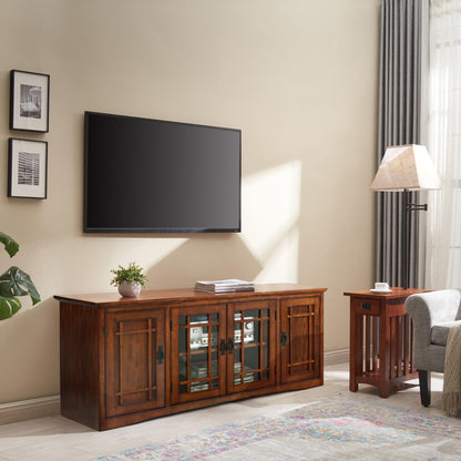 Leick Home 82360 Solid Wood Mission Oak Four Door TV Stand For 65" TVs Universal TV Console Living Room Storage Shelves Entertainment Center, Mission Oak