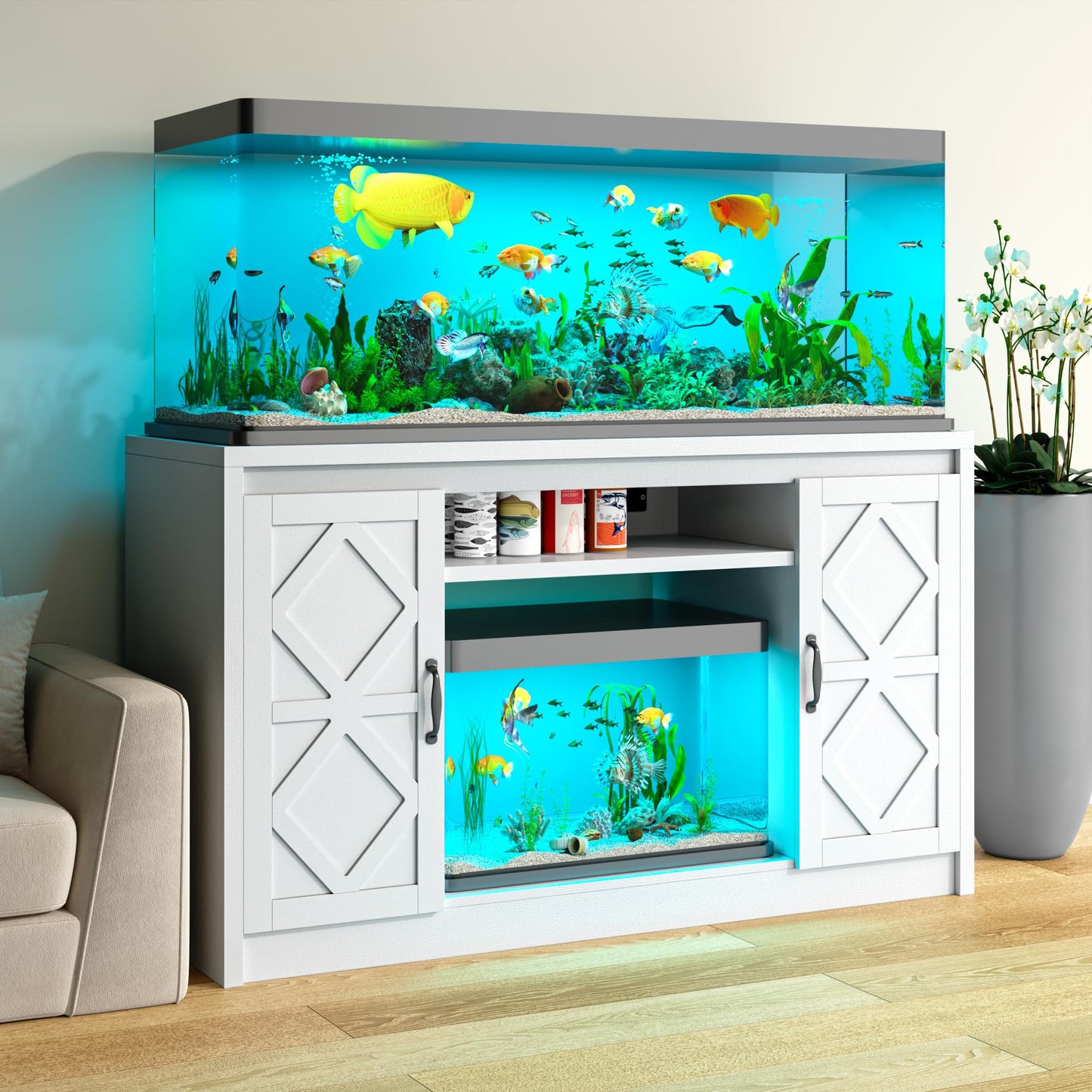 kepptory 55-75 Gallon Fish Tank Stand with Diamond Doors & Power Outlet, Heavy Duty Aquarium Stand with Cabinet Storage for Fish Tank, Turtle Tank, Reptile Terrarium (White)
