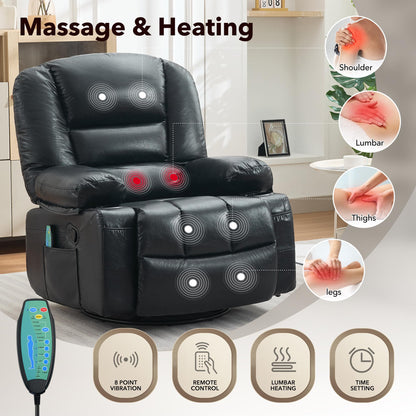 Rocker Recliner Chair with Heat and Massage,Nursery Recliner 360° Swivel Oversized Chairs for Adults,Chenille Lazy Boy Single Sofa Seat with 3 Positions,Side Pockets,Cup Holders for Living Room Black