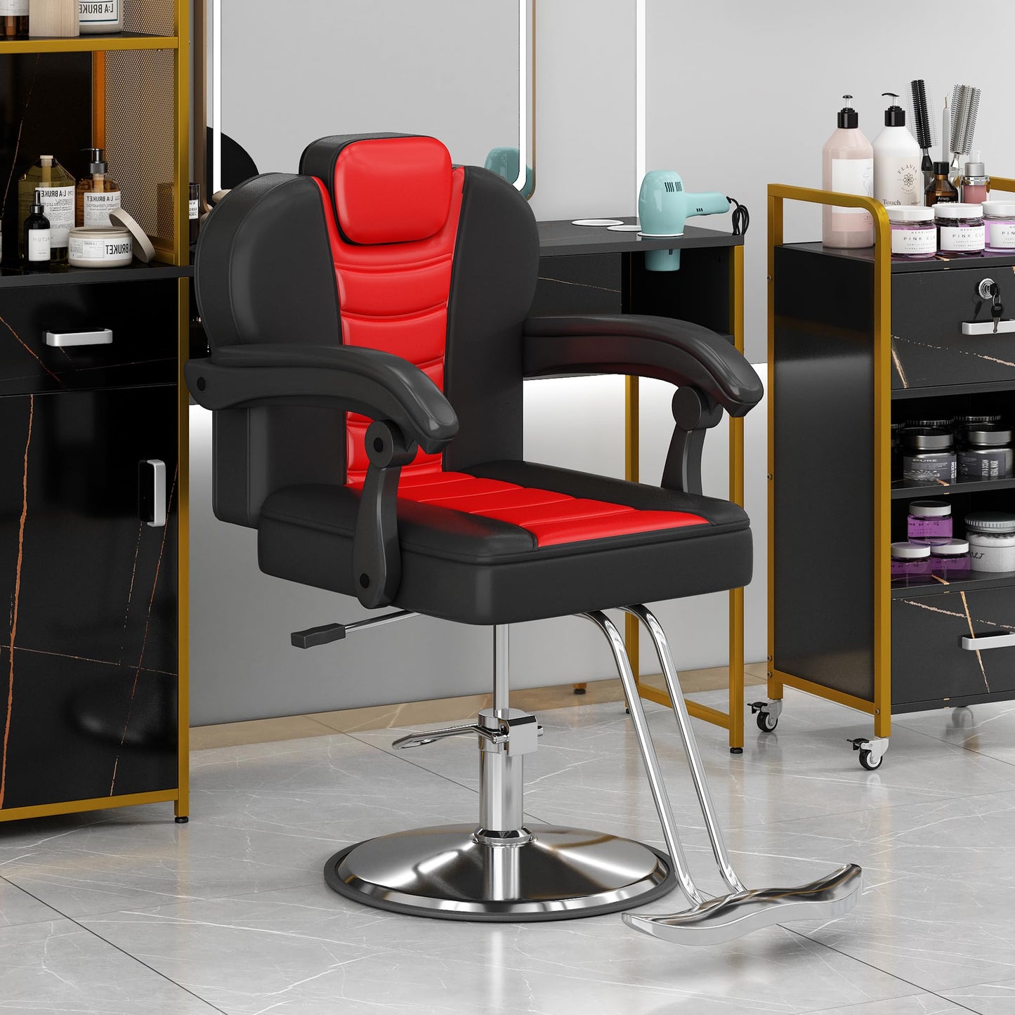 Classic Reclining Barber Salon Chair, for Hair Stylist with Heavy Duty Hydraulic Pump, 360° Rotation, Tattoo Shampoo Beauty Equipment, Red+Black