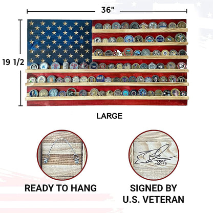 Flags of Valor American Flag Challenge Coin Display Holds 100 Coins Wooden Military Coin Holder Wall Decor Veteran Made Patriotic Flag Art Ready to Hang USA Handmade (Medium Unframed, 19" H x 36" W)
