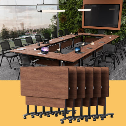 Modular Folding Conference Room Table with Wheels - 6 Pack Flip Top Mobile Training Table,Modern Meeting Tables 2-30 Person,Walnut,70.9"x21.6"x29.5"