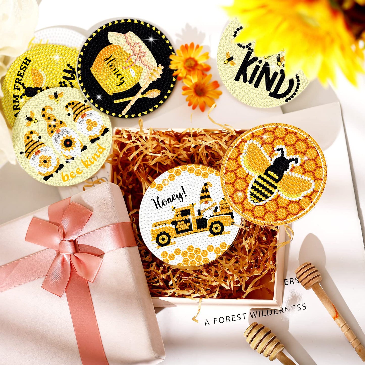 Shellwei 8 Pcs Bee Diamond Painting Art Coasters with Holder Bee Gnome Sunflower Diamond Painting Kit Yellow DIY Crafts Coasters for Adults Beginner Gift Supplies