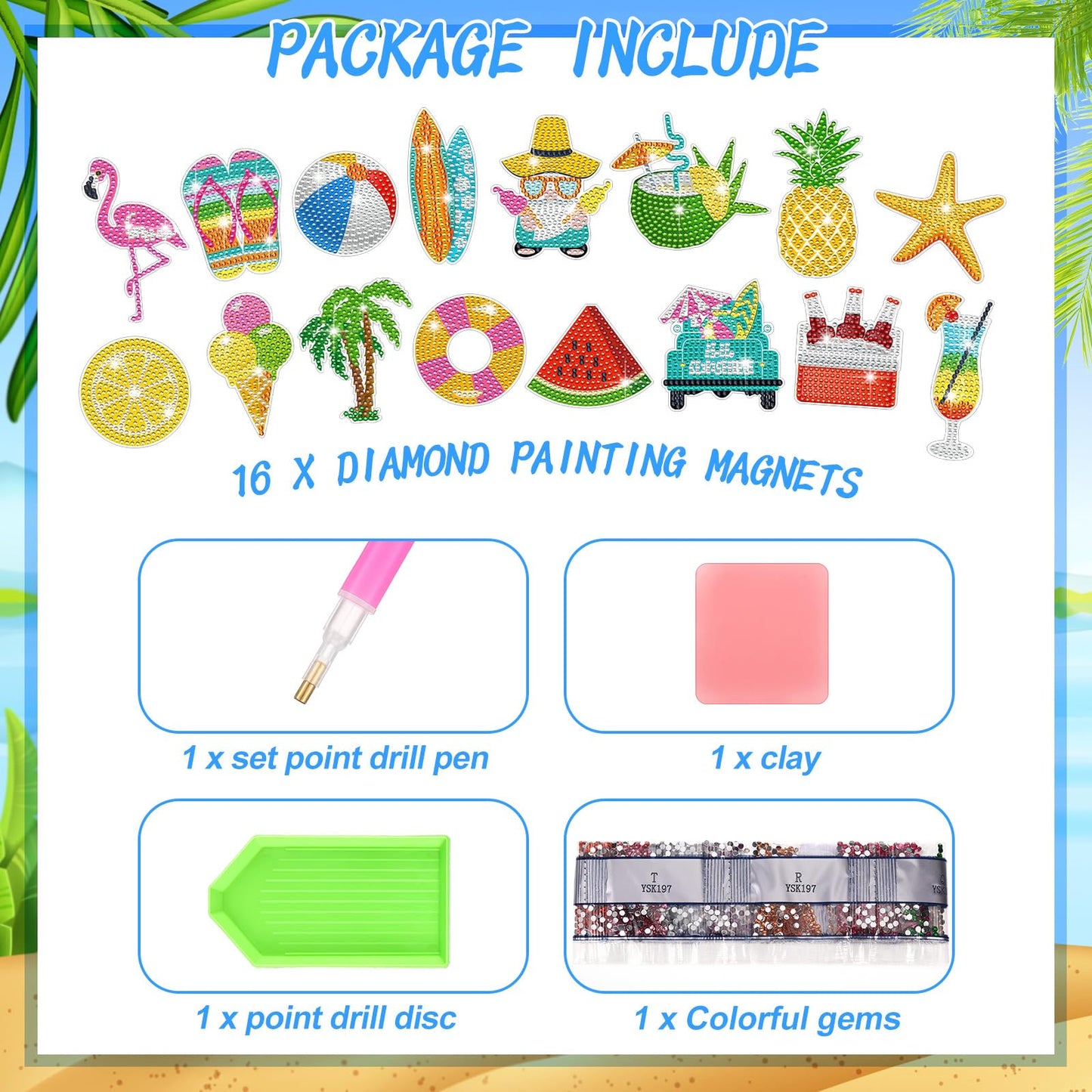 Xuhal 16 Pcs Summer Beach Diamond Painting Fridge Magnets Kit Tropical Hawaiian Diamond Art Magnets for Refrigerator Flamingos Beach DIY Fridge Magnetic Sticker for Adults Crafts Home Decor Gifts