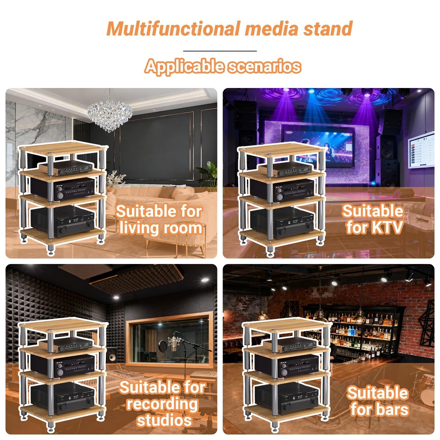 ZUGIATP HiFi 3 Tier AV Media Stand Wood Shelf Record Player Stand Stereo Cabinet Audio Tower Media Console Storage Shelf Audio Video Components(Light Walnut,Double Layer)