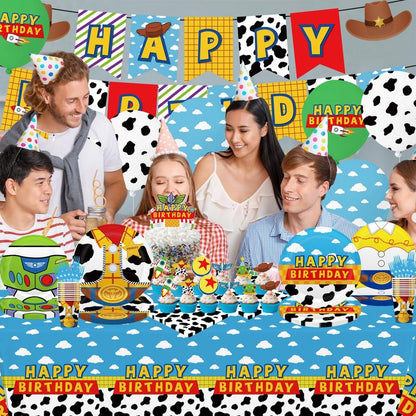 130pcs Story Birthday Party Decorations Tableware Set for 20 Guests Include Banner, Cupcake Topper, Cake Topper,Paper Plates,Napkins and Cups,Plastic Tablecloth and Forks,Latex Balloons