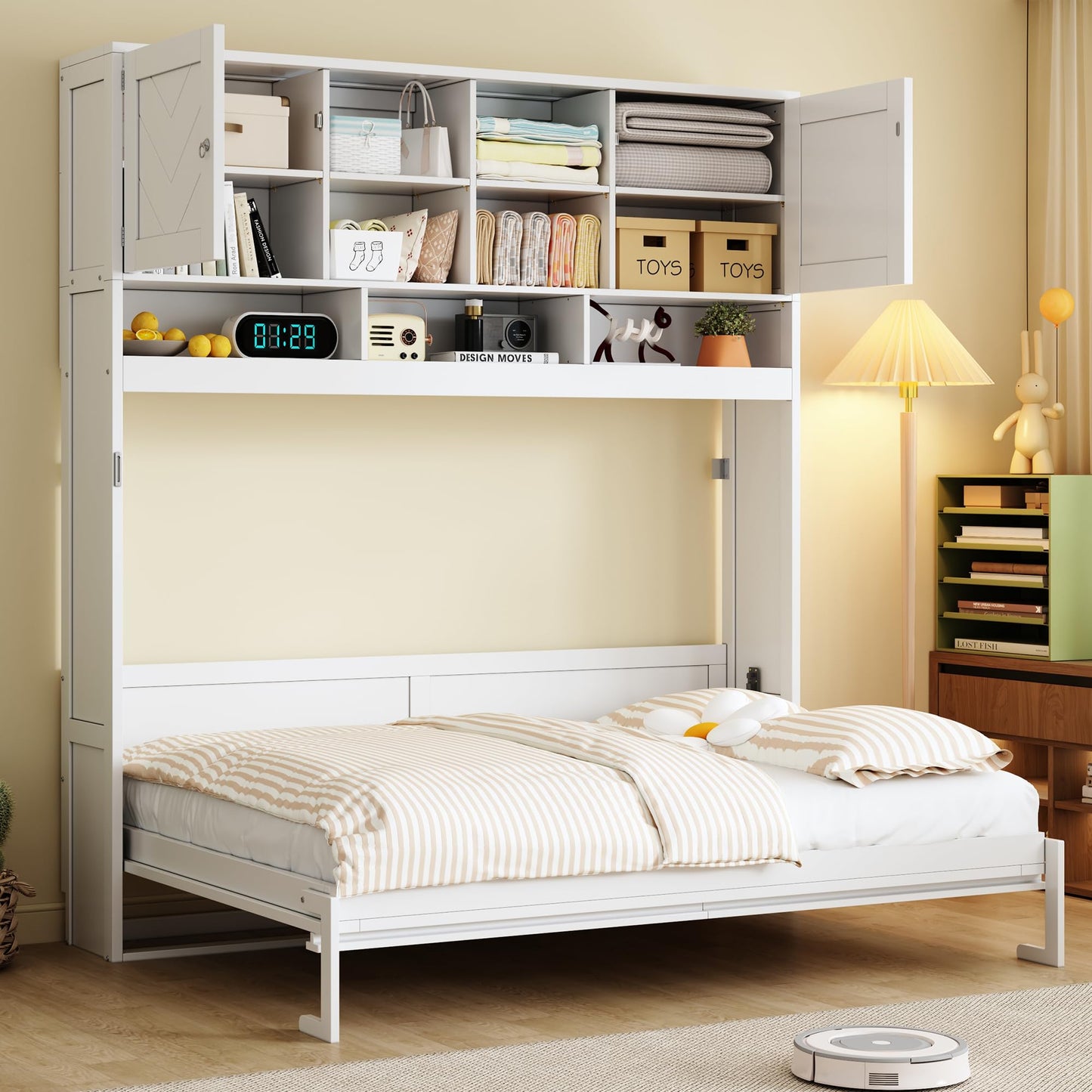 Merax Queen Size Murphy Bed Wall Bed with Top Storage Cabinets and Shelves, Fold into The Wall, Space-Saving Design, White Foldable Platform Bed Frame with Chevron Stripes, for Bedroom, Guest Room
