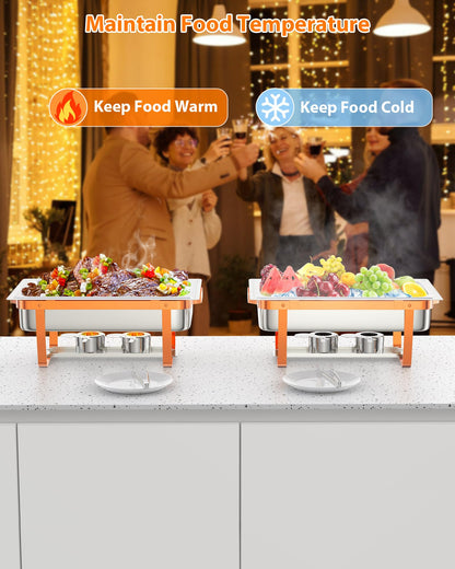 GarveeHome Chafing Dish Buffet Set, 8QT 2 Pack, Rectangle Chafing Dishes for Buffet w/Lid Holder, Stainless Steel Chafer Food Warmers Servers for Kitchen Party Banquet Dining, Rose Gold