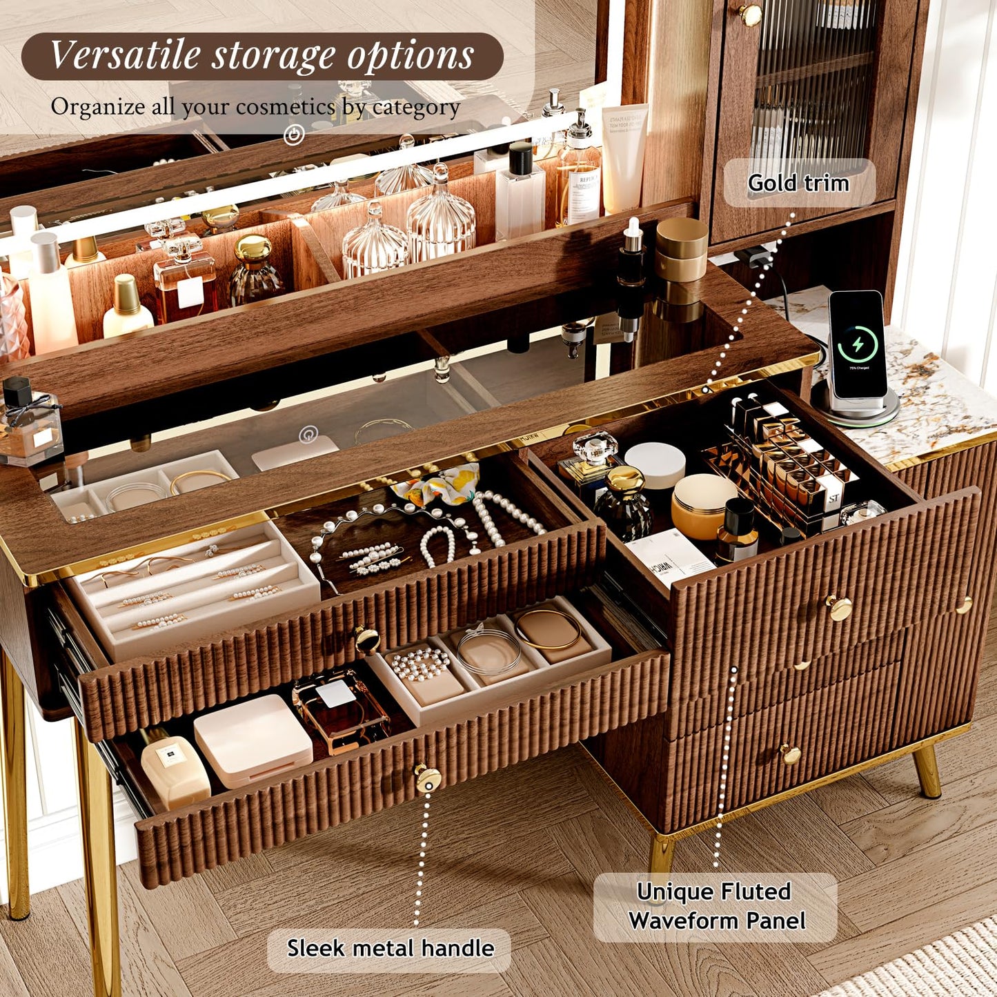 Arulvmrn Vanity Desk with 35.12" HD Lighted Mirror, 46.85" Big Modern Vanity Desk with Mirror and Lights, Makeup Vanity with 7 Drawers and Storage Shelves and Charging Station, Walnut