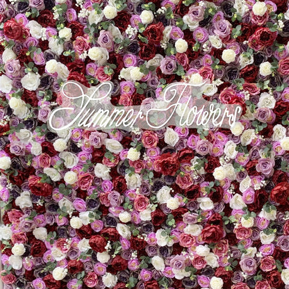 ERoomQ Fuchsia Color Rose Artificial Flower Wall Panels with Clothes Fabric Back,Wedding Party Bridal Shower 3D Romantic Rose Green Leaves Wall Backdrop,3x3m/10x10FT