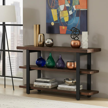 Alaterre Furniture Pomona 3-Tier Solid Wood Media Console Table with 2 Open Shelves and Metal Legs - Rustic Industrial Farmhouse TV Stand and Storage Console (Rustic Brown)