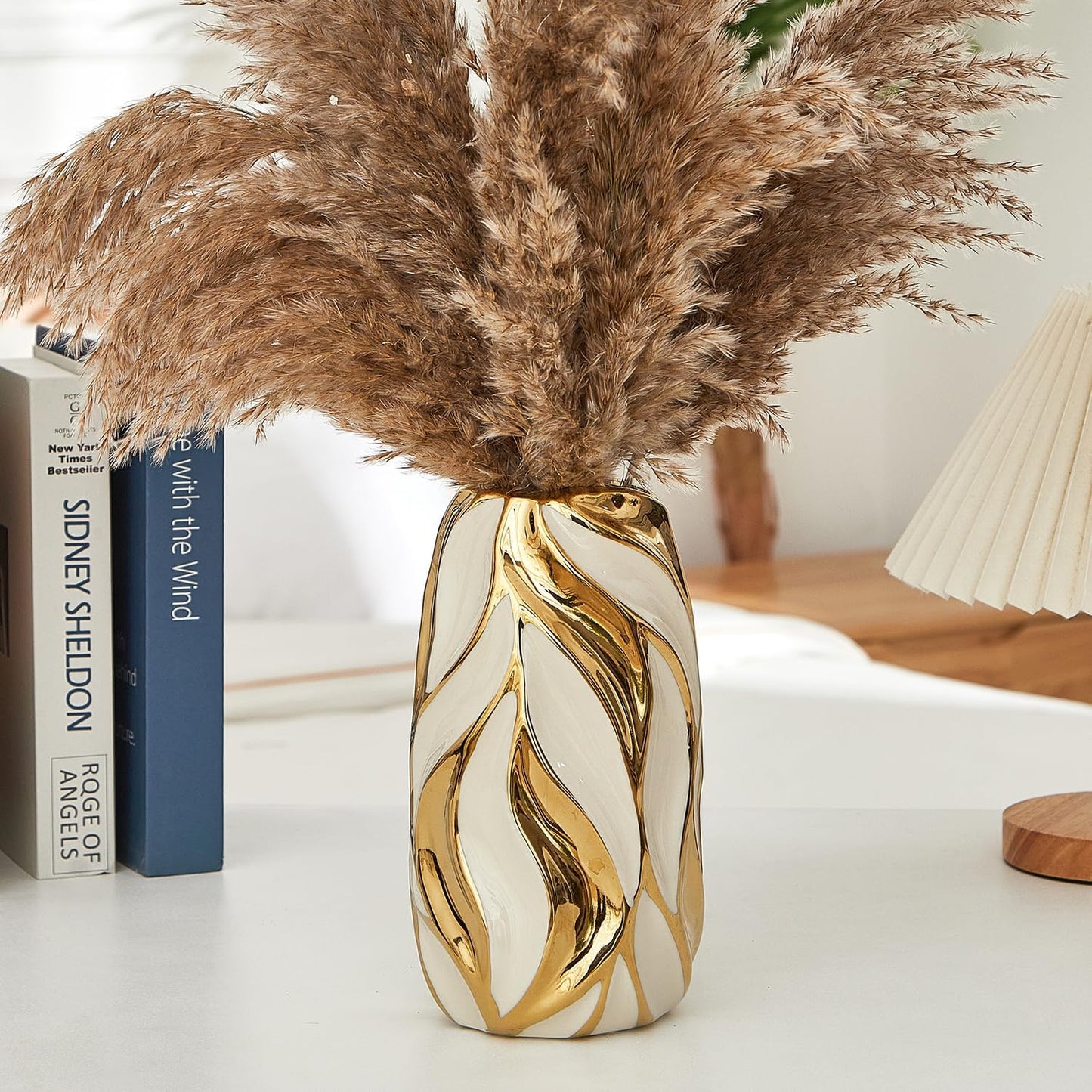 OTARTU Cream White Ceramic Vase for Flowers, Gold Flower Vase Modern Home Decor, Small Ceramic Vase for Pampas Grass