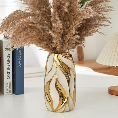 OTARTU Cream White Ceramic Vase for Flowers, Gold Flower Vase Modern Home Decor, Small Ceramic Vase for Pampas Grass