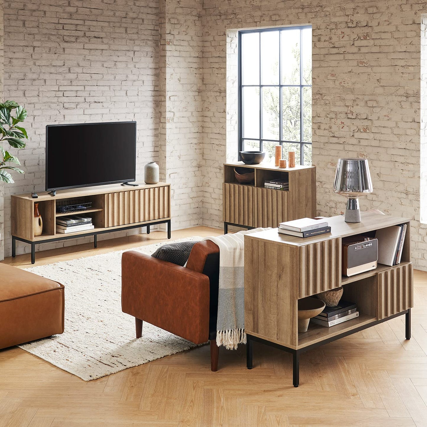 mopio Norwin Storage Cabinet, Sturdy Modern Rustic Industrial Buffet Sideboard, Fluted Accent Storage Cabinets, Credenza, Oak Wood TV Stand, Entertainment Center, Media Console, Living Room (Single)
