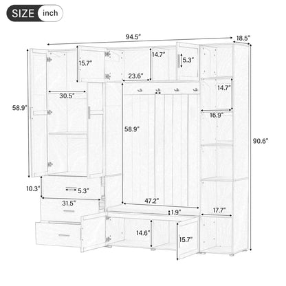 Amposei 94.49’’W Extra Large Hall Tree Cabinet with 6 Doors & 3 Drawers, Tall Entryway Organizer Shoe Storage Bench with 4 Coat Hooks & 6 Open Cubbies for Hallway Mudroom Living Room, White
