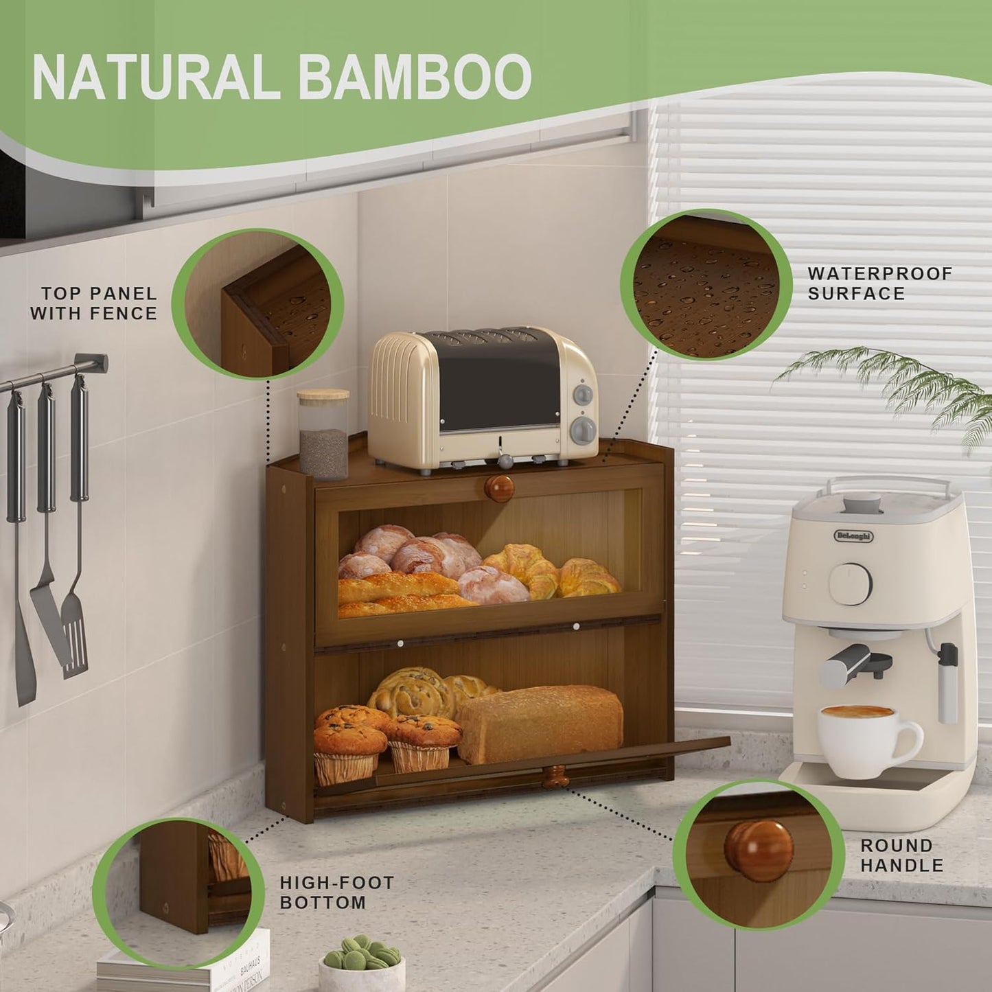 Countertop, JANSNIMEN Corner Bread Box for Kitchen Large Bread Container Storage Bamboo Wooden Farmhouse Bread Box