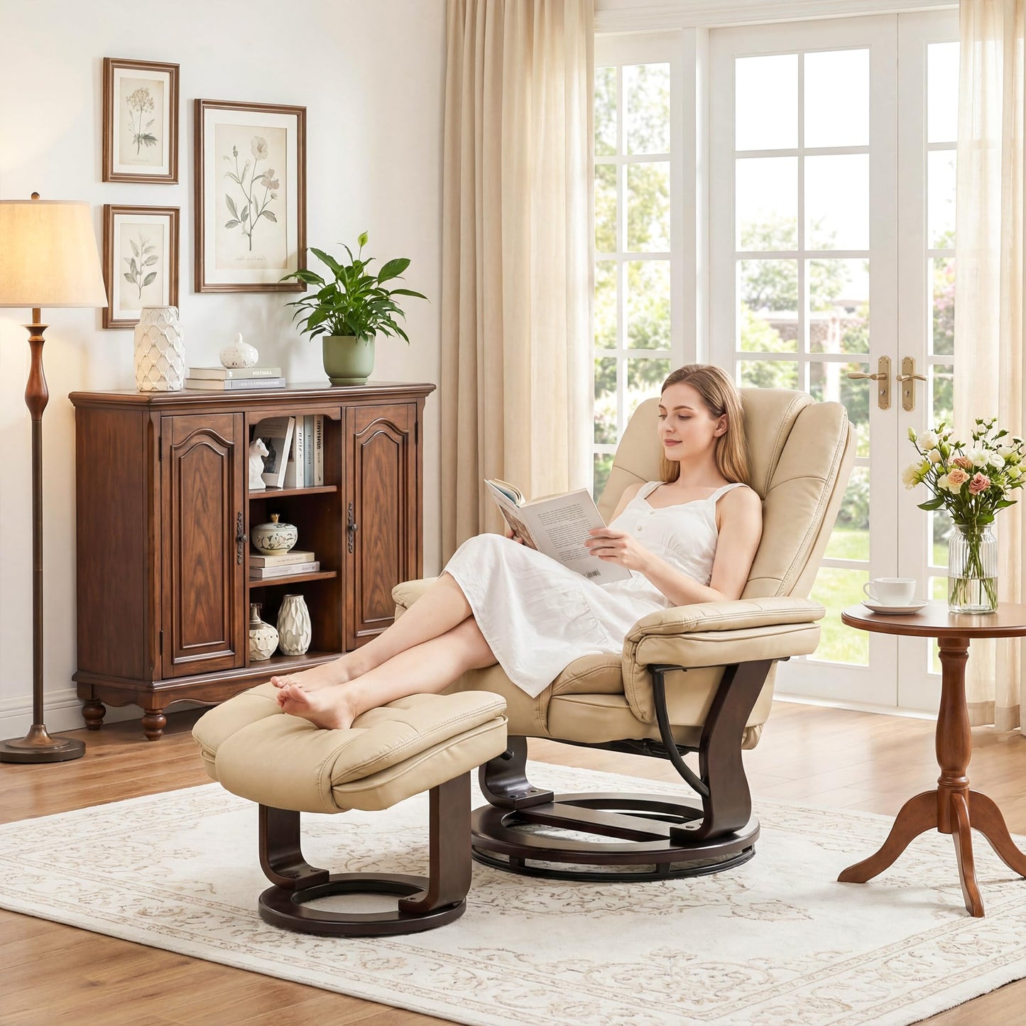Argus Swivel Recliner with Ottoman, PU Leather & Wood Base Reclining Chair with Footrest, Ultra-Plush Double Foam for Living Room, Bedroom and Office, Set of 2
