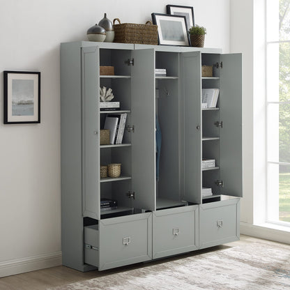 Crosley Furniture Harper 3-Piece Hall Tree and Storage Cabinet Set with Entryway Bench and Hooks for Hanging, Gray