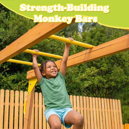 SUNIBOXI Wooden Swing Sets for Backyard, Kids Outdoor Playground Set with Monkey Bars, Slide, Swings, Climbing Ladder, Rock Wall, Picnic Table with Canopy for Ages 3-10