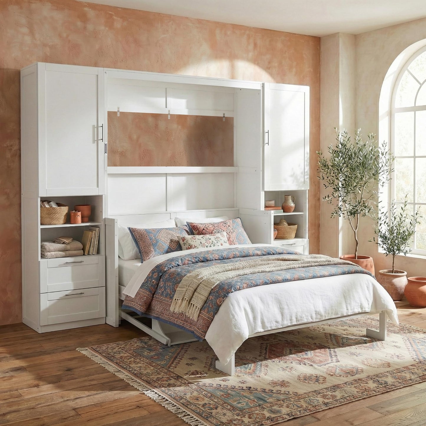 Merax Queen Size Murphy Bed with Desk, Multifunctional Foldable Wall Bed with Closet, Drawers and Shelves, Space-Saving Wood Platform Bed Frame for Small Spaces Studio Study Office Guest Room, White