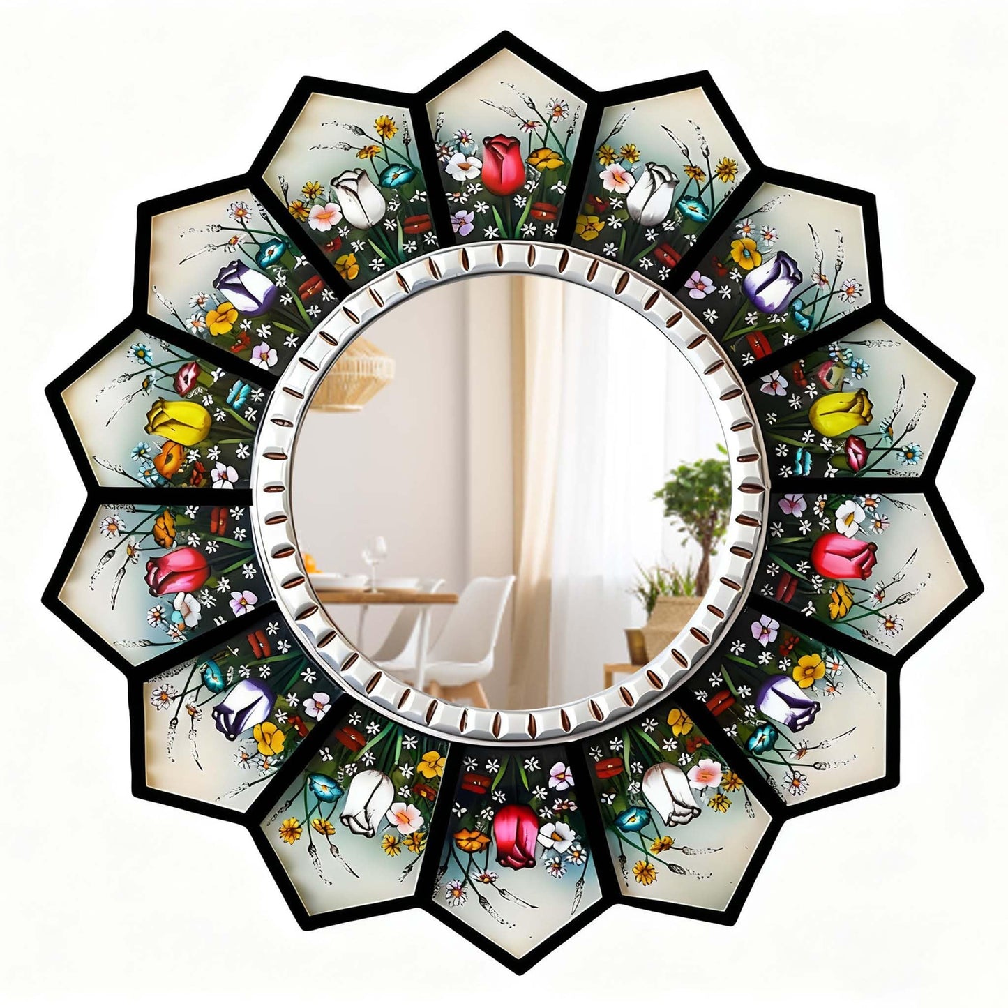 WTVLAX Sunburst Mirror Design Featuring Moroccan Style,2D Pattern 11.8inch Home Decorative Mirror for Living Room Bedroom Entryway The Pattern is Printed (Tulip+Sunburst)